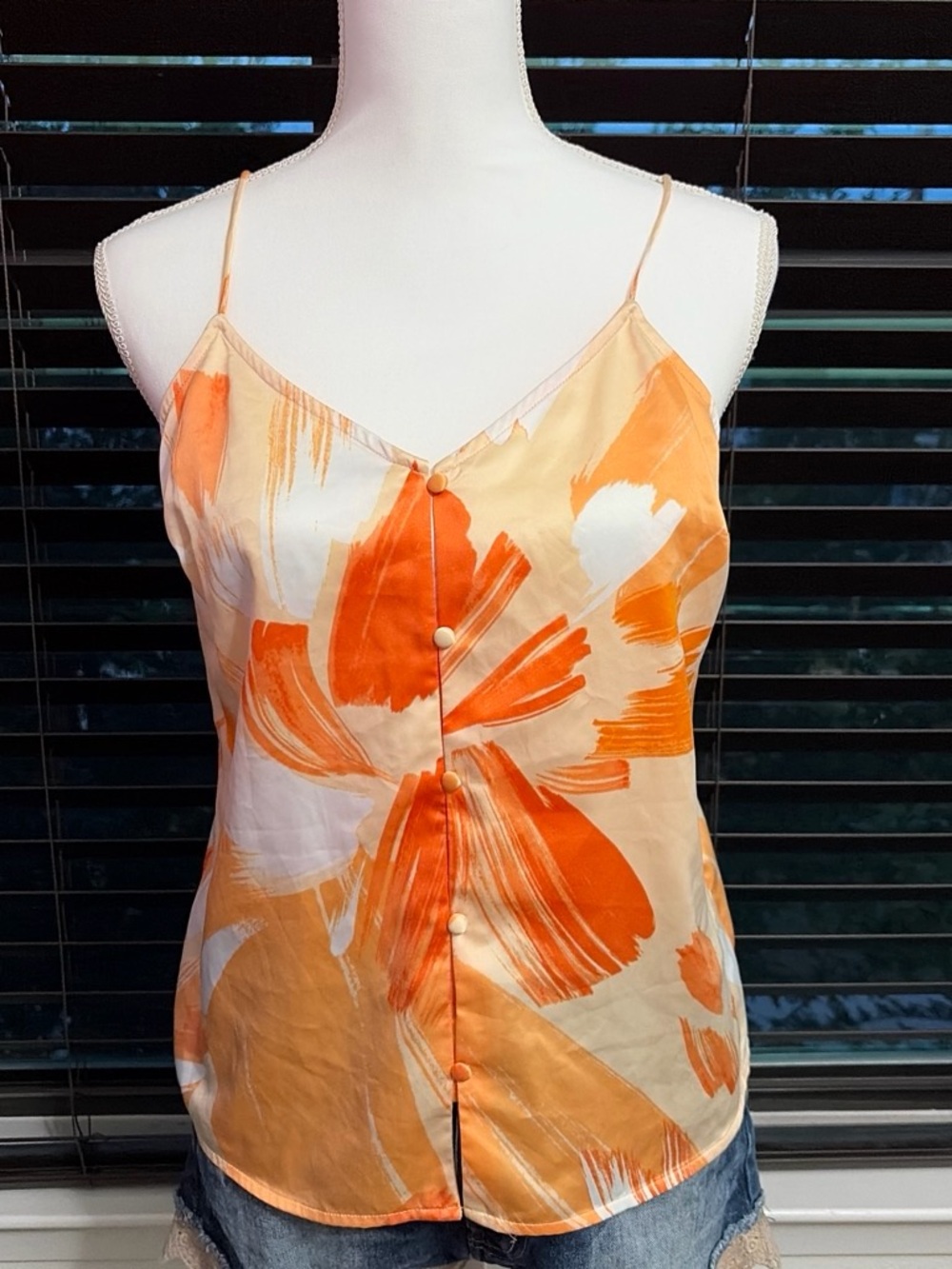 Nine West Orange and White Floral Satin Camisole